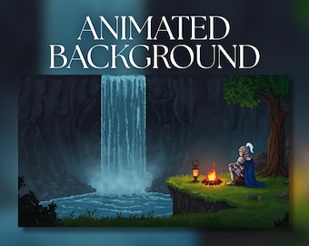 Geanimeerde achtergrond | Pixelart ridder rustend bij kampvuur met waterval | Fantasie-avontuur | Digitale mp4-download | AB672