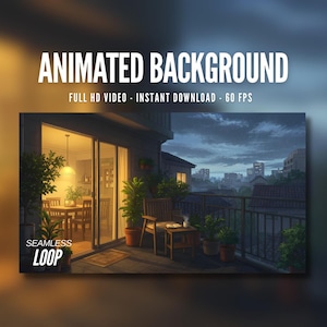 Animated Background | Cozy Rain Balcony | Warm Apartment Glow | Plants & City Skyline | MP4 Digital Download for Streaming | AB710