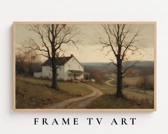 May include: A landscape painting in a wooden frame depicting a white farmhouse with a porch situated on a grassy hill between two large bare trees. A dirt path leads toward the house, with rolling hills and a winding road visible in the background.