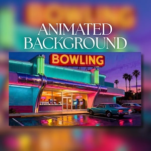 Puede incluir: Imagen de fondo animada de una bolera al anochecer. El edificio tiene luces de neón y la palabra "BOWLING" en rojo. Un coche turquesa está aparcado frente al edificio. El texto "ANIMATED BACKGROUND" está en la parte superior.