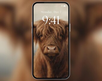Phone Wallpaper | Fall Highland Cow Portrait | Rustic Farmhouse Country Art | Oil Painting | Digital Download | PW8