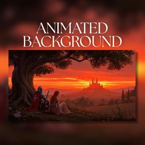 Puede incluir: Una ilustración digital titulada ANIMATED BACKGROUND que muestra a un caballero con armadura plateada y capa roja y a una persona con vestido largo sentados bajo un gran árbol. A lo lejos, un castillo se alza bajo un cielo de atardecer naranja.