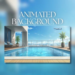 Peut inclure: Image d'arrière-plan animé avec une piscine sur le toit et une vue sur la ville sous un ciel bleu clair. L'image comprend le texte "ANIMATED BACKGROUND". Un avion vole au-dessus et des palmiers sont en pot sur le pont.