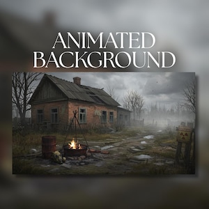 Op de afbeelding: Een geanimeerde achtergrondafbeelding van een vervallen bakstenen huis met een vuurplaats ervoor. De scène speelt zich af in een post-apocalyptische omgeving, met een bewolkte lucht en kale bomen. De tekst "ANIMATED BACKGROUND" staat bovenaan.