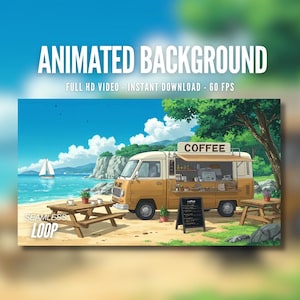 Puede incluir: Imagen de fondo animada que presenta una escena de playa con una furgoneta de cafetería. La furgoneta es de color beige y blanco, con un letrero de "COFFEE". También se ven una mesa de picnic y un velero. Se muestra el texto "ANIMATED BACKGROUND" y "SEAMLESS LOOP".