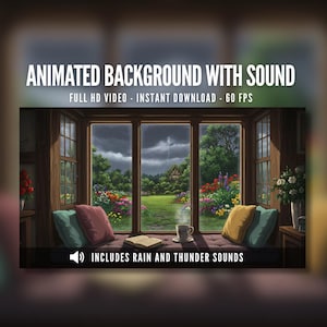 Animated Background with Sound | English Cottage Window | Summer Rain Downpour | Rain and Thunder Sounds | SB1