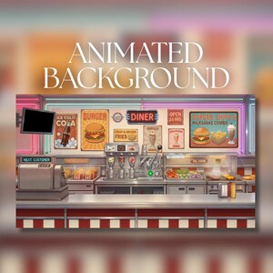 以下が含まれることがあります： レトロな看板のある、アニメーション化されたダイナーの背景イラスト。レジ、ソーダマシン、食品準備エリアがあります。看板にはハンバーガー、フライドポテト、ミルクセーキが宣伝されています。「Animated Background」というテキストが上部にあります。