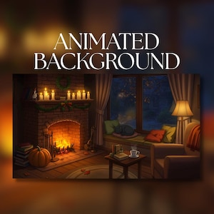 May include: An animated background depicting a warm, inviting living room scene. A lit fireplace, candles, and a pumpkin are featured. The text "ANIMATED BACKGROUND" is displayed. The room includes an armchair and a window with a view.
