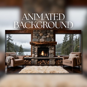 May include: A cozy living room scene with a stone fireplace, a roaring fire, and two armchairs. The room has large windows overlooking a lake and forest. A fluffy rug and firewood add to the warm ambiance. The text "ANIMATED BACKGROUND" is at the top.