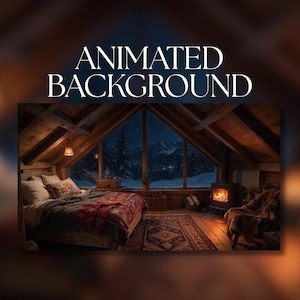 Op de afbeelding: Een geanimeerde achtergrond met een gezellige houten zolderslaapkamer met een groot driehoekig raam dat 's nachts uitkijkt op een besneeuwd berglandschap. De kamer bevat een bed met beddengoed met patronen, een houtkachel en een vloerkleed.