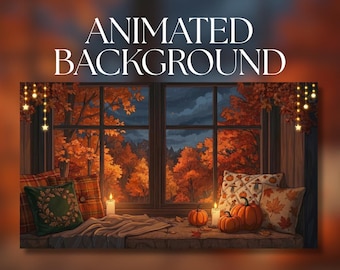 May include: An animated background featuring a window view of an autumn forest with orange trees. The window seat has plaid pillows, a green pillow with a wreath design, a leaf-patterned pillow, pumpkins, and lit candles under hanging star lights.