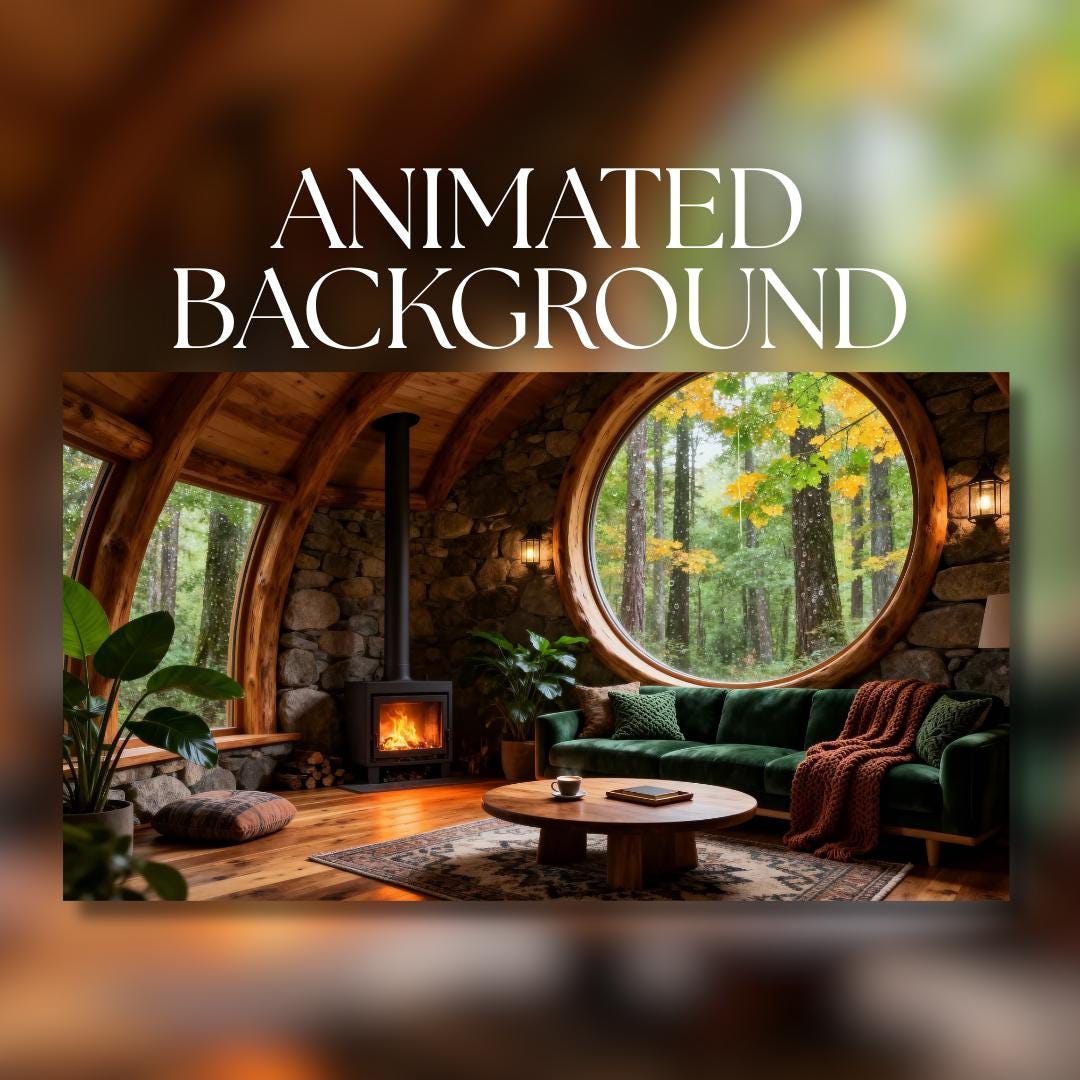 Animated Background | Cozy Rainy Forest Cabin Interior | Round Window ...