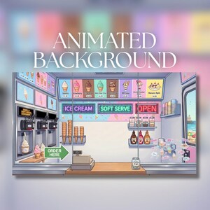 May include: An illustrated ice cream truck interior featuring a menu board with various flavors, soft serve machines, a cash register, a tip jar, and shelves stocked with cones and syrups. A green arrow sign points to the counter with the text ORDER HERE.
