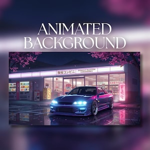 Geanimeerde achtergrond | Neon Night JDM Car Outside Convenience Store | Kersenbloesemstraat | Digitale mp4-download | AB229