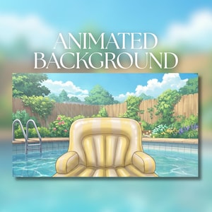 May include: Animated background image of a swimming pool with a yellow and white striped inflatable chair. The pool has a ladder and is surrounded by a wooden fence, trees, and flowers. The sky is blue with clouds.