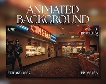 Animierter Hintergrund | Retro-Kino-Lobby | 80er Jahre Kino Vibes | Nostalgisches Filmmotiv | MP4 Digitaler Download zum Streamen | AB253
