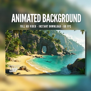 Animated Background | Tropical Island Beach with Rock Arch | Ocean Waves & Palm Trees | MP4 Digital Download for Streaming | AB137