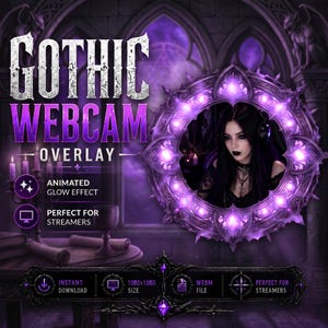 以下が含まれることがあります： 「GOTHIC WEBCAM OVERLAY」の文字が入った紫色のゴシックウェブカムオーバーレイデザイン。 アニメーションのグローエフェクトが含まれており、ストリーマーに最適です。 画像には「INSTANT DOWNLOAD」、「1080x1080 SIZE」、「WEBM FILE」の文字も含まれています。