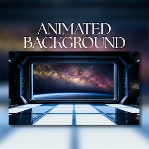 Peut inclure: Image d'arrière-plan animé représentant l'intérieur d'un vaisseau spatial futuriste avec une grande fenêtre. La fenêtre offre une vue vibrante d'une galaxie aux couleurs rose, jaune et bleu. Le texte "ANIMATED BACKGROUND" est affiché en haut.