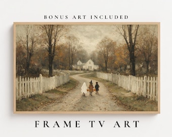 May include: A rectangular framed landscape painting featuring a dirt path leading to a white house, flanked by white picket fences and autumn trees. Three figures in costumes walk down the path. Text reads: BONUS ART INCLUDED and FRAME TV ART.