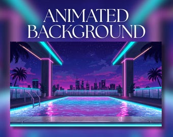 Animated Background | Neon Rooftop Pool at Night | Retro Wave City Skyline | MP4 Digital Download | AVT35