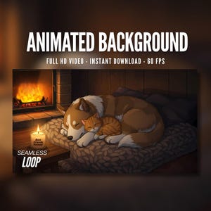 Geanimeerde achtergrond | Honden- en kattenslapen bij de open haard | Gezellige herfsthut | Kaarslicht | Digitale mp4-download voor streaming | AB604