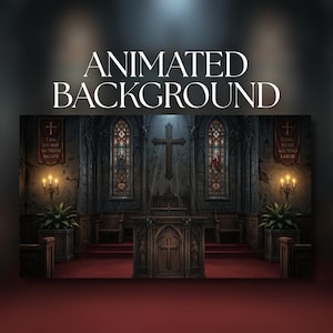 Può includere: Un'immagine di sfondo animata di un interno di una chiesa. L'immagine presenta un altare in legno con una croce, vetrate e striscioni con testo religioso. Le parole "ANIMATED BACKGROUND" sono visualizzate in alto.