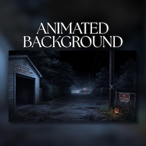 May include: An animated background featuring a dark, nighttime suburban street scene with a garage displaying the text HE'S CLOSER THAN YOU THINK, a police car with flashing lights in the distance, and a glowing jack-o'-lantern near a no trespassing sign.