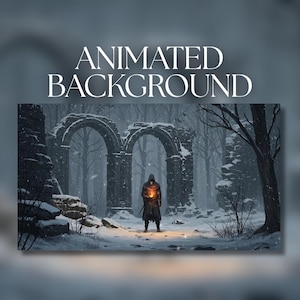 Könnte beinhalten: Eine digitale Illustration mit dem Titel ANIMATED BACKGROUND zeigt eine vermummte Gestalt in einem dunklen Umhang, die ein leuchtendes orangefarbenes Licht hält. Die Szene zeigt einen verschneiten Wald mit Steinruinen und zwei großen Bögen.