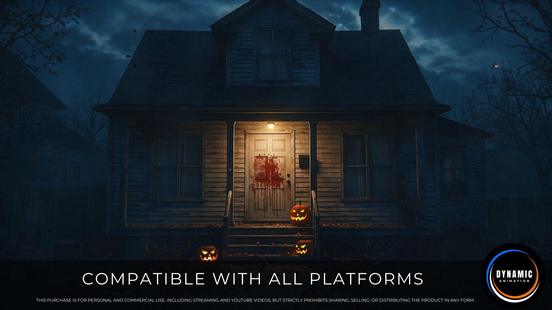 Fondo animado / Casa embrujada de Halloween / Porche delantero espeluznante  / Puerta ensangrentada / Descarga digital MP4 para streaming / AB742, image size:1920x1080