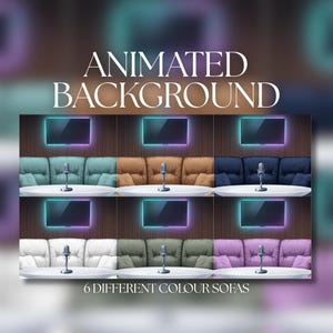 Animated Background | Podcast Studio Neon Set with 6 Colour Sofa Options | VTuber Streaming Background | AVT59