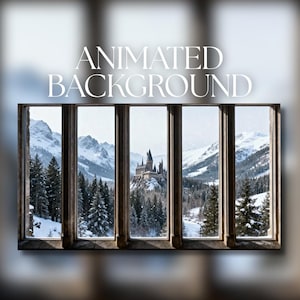 Könnte beinhalten: Animierter Hintergrund mit einer schneebedeckten Berglandschaft, die durch ein mehrteiliges Fenster betrachtet wird. Der Text "ANIMATED BACKGROUND" ist oben zu sehen. Im Hintergrund ist ein Schloss zu sehen.