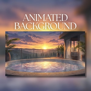 Könnte beinhalten: Animierter Hintergrund eines Sonnenuntergangs über einer Bergkette, mit einem Whirlpool im Vordergrund. Der Text "ANIMATED BACKGROUND" steht oben. Palmen stehen in großen Töpfen auf dem Deck.