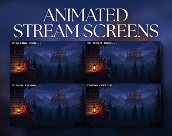 May include: A set of four digital stream screens featuring pixel art of a knight in a red cape sitting on a stone wall with a lantern, overlooking a dark forest and a distant castle. Text overlays include STARTING SOON, BE RIGHT BACK, STREAM ENDING, and STREAM OFFLINE.