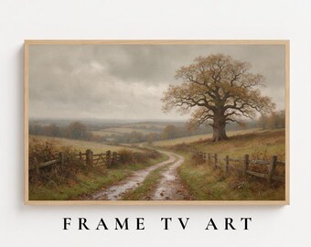 May include: A landscape painting in a light wood frame depicting a muddy dirt path winding through rolling hills under a cloudy sky. A large, mature oak tree stands on the right side of the path, bordered by wooden fences on both sides.