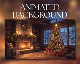 May include: An animated background featuring a cozy log cabin interior with a stone fireplace, a lit Christmas tree adorned with ornaments and a star topper, a wreath, garland, and wrapped gifts, with the text ANIMATED BACKGROUND displayed above.