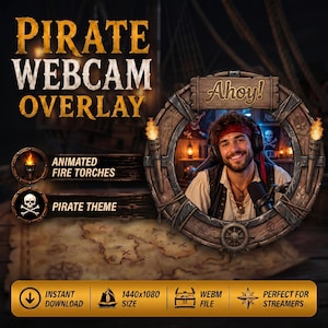 Puede incluir: Una superposición de webcam con temática pirata con antorchas de fuego animadas. El diseño incluye un timón de barco pirata, un mapa del tesoro y el texto "Pirate Webcam Overlay". La superposición presenta a una persona sonriente con un disfraz de pirata.