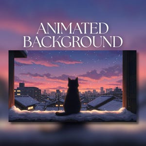 Könnte beinhalten: Animierter Hintergrund mit einer schwarzen Katzen-Silhouette, die aus einem Fenster auf eine Stadtlandschaft bei Sonnenuntergang blickt. Der Himmel ist eine Mischung aus Rosa und Lila, mit dem Text "ANIMATED BACKGROUND" oben.