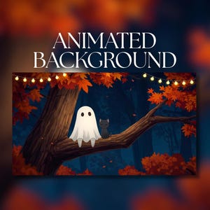Animated Background | Cute Ghost and Black Cat in an Autumn Forest | Cozy Halloween Night | MP4 Digital Download | AB650
