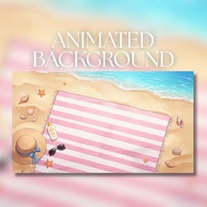 May include: An animated beach scene featuring a pink and white striped blanket on sandy ground near blue ocean water. The blanket is decorated with a straw hat with a blue ribbon, a bottle of sunscreen, sunglasses, and various seashells.