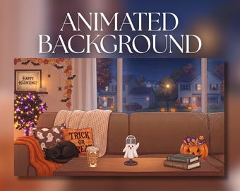 May include: An animated digital illustration of a living room at night with a brown sofa, a black cat, a ghost-shaped microphone, a pumpkin spice latte, a jack-o'-lantern candy bowl, and books titled Halloween Lore and Cozy Cryptids.