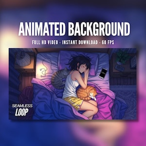 Op de afbeelding: Illustratie van een slapende persoon in een bed met twee katten. De afbeelding bevat de tekst "ANIMATED BACKGROUND" en "FULL HD VIDEO - INSTANT DOWNLOAD - 60 FPS". De woorden "SEAMLESS LOOP" zijn ook zichtbaar.