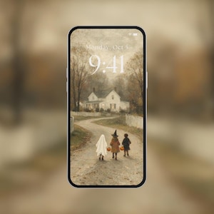May include: A smartphone displaying a digital wallpaper of three children in Halloween costumes walking down a dirt path toward a white house. The screen shows the time 9:41 and the date Monday, Oct 5 in white text over the autumn-themed scene.