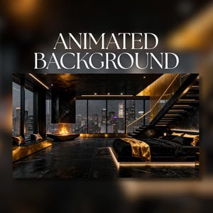 Puede incluir: Representación digital de un interior de dormitorio de lujo con vistas a la ciudad. La habitación cuenta con chimenea, cama y escalera, todo en tonos oscuros con detalles dorados. Se muestra el texto "ANIMATED BACKGROUND".