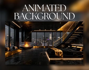 Animated Background | Luxury Black & Gold Penthouse Night | Rainy City Skyline Fireplace Ambience | MP4 Digital Download | AB73
