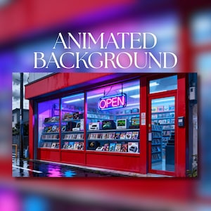 May include: A red storefront with large glass windows displaying shelves of video games and consoles. A bright neon sign hanging in the centre window displays the word OPEN in blue and pink. The exterior features a red frame and glass doors.