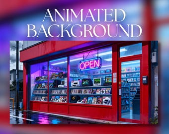 May include: A red storefront with large glass windows displaying shelves of video games and consoles. A bright neon sign hanging in the center window displays the word OPEN in blue and pink. The exterior features a red frame and glass doors.