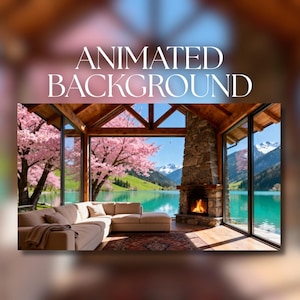 May include: An image of a cozy living space with the text "ANIMATED BACKGROUND". The room features a beige sectional sofa, a stone fireplace with a burning fire, and large windows offering a view of a lake, mountains, and cherry blossom trees.