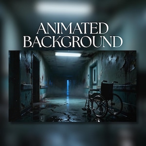 Puede incluir: Imagen de fondo animada de un pasillo de hospital oscuro y en ruinas. La escena presenta una silla de ruedas, manchas de sangre y pintura descascarillada. El texto "ANIMATED BACKGROUND" se muestra en la parte superior.
