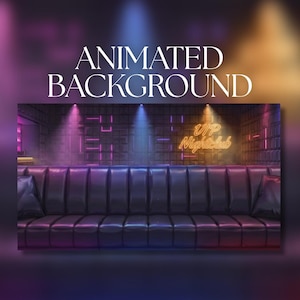 May include: An animated background image featuring a VIP nightclub scene. The image showcases a black leather sofa, neon lights, and the text "VIP Nightclub". The background has a gradient of purple, blue, and gold.